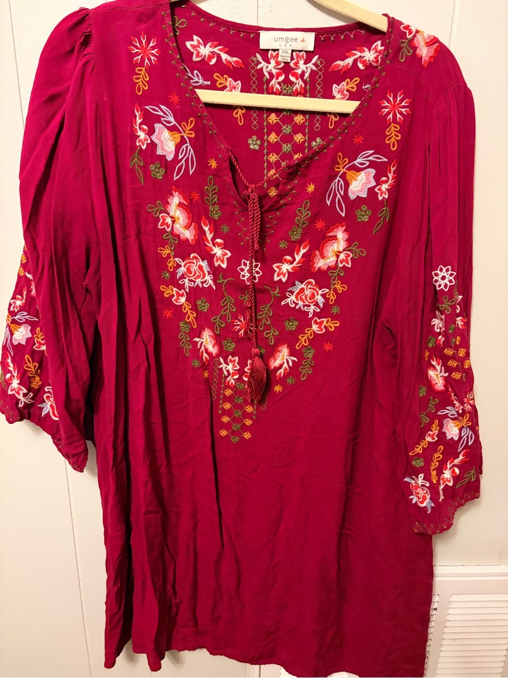 Umgee Deep Magenta Embroidered Boho Tunic with Tassel Tie
